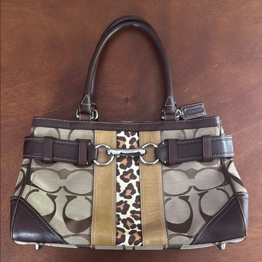 Coach Hamptons Signature Leopard Canvas Leather Handbag